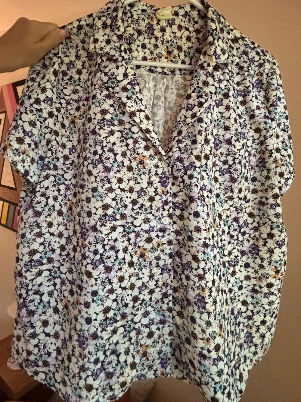 Floral Button-Front Blouse in White with Purple & Teal Accents